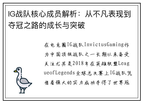 IG战队核心成员解析：从不凡表现到夺冠之路的成长与突破