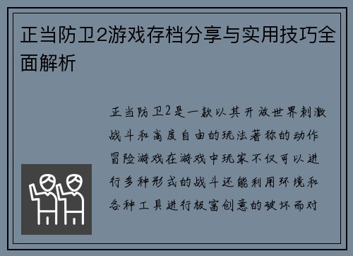 正当防卫2游戏存档分享与实用技巧全面解析